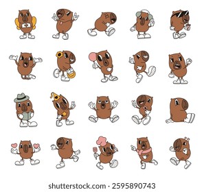 Capybara character set showcasing a variety of emotions, fun expressions, stylish accessories, and adorable poses in a groovy cartoon style perfect for yours creative projects
