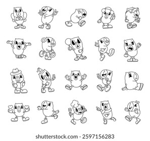 Capybara character set showcasing a variety of emotions, fun expressions, stylish accessories, and adorable poses in a groovy cartoon style perfect for yours creative projects