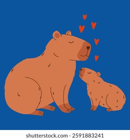Capybara characters. Happy family of mother and baby capybara. Hand drawn vector illustration