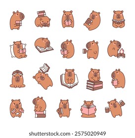 Capybara characters set with books, reading and learning in cute kawaii cartoon style for fun and relaxing activities with emotional and charming poses for yours design projects