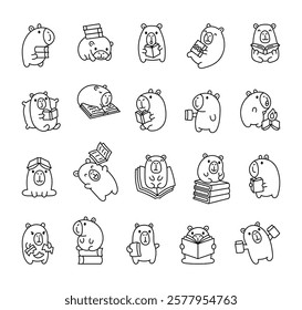 Capybara characters set with books, reading and learning in cute kawaii cartoon style for fun and relaxing activities with emotional and charming poses for yours design projects