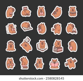 Capybara characters set with books, reading and learning in cute kawaii cartoon style for fun and relaxing activities with emotional and charming poses for yours design projects