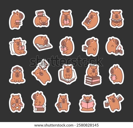 Capybara characters set with books, reading and learning in cute kawaii cartoon style for fun and relaxing activities with emotional and charming poses for yours design projects