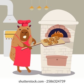 Capybara chef, bakes buns in the oven, homemade product, bakery. Character of cute animal, hand drawn vector.