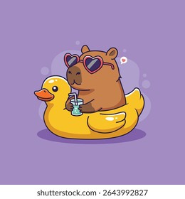 Capybara arrefecendo em um flutuador de pato de borracha com óculos de sol de coração. ilustração vetorial