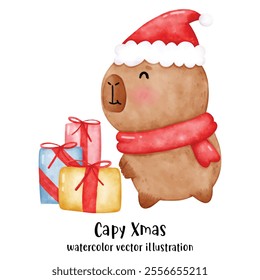 Capybara christmas, holiday, capybara watercolor. vector. illustration