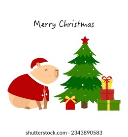 Capybara with Christmas tree and gifts in boxes. Vector illustration for Christmas and New Year design.