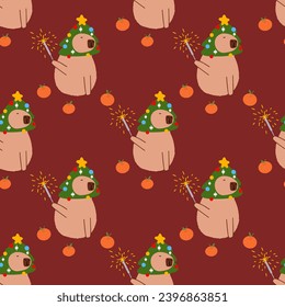 Capybara with Christmas tree seamless pattern. Cute New Year background for fabric, wrapping paper, textile vector illustration