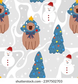 Capybara with Christmas tree seamless pattern. Cute New Year background for fabric, wrapping paper, textile vector illustration