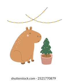 Navidades Capybara. Ilustración vectorial del árbol de navidad para la etiqueta engomada, la caja del teléfono, el cartel, la camiseta, la taza y el otro diseño.

