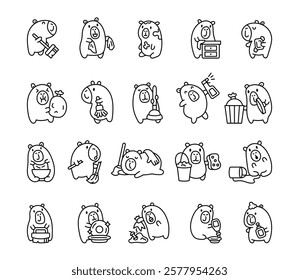 Capybara cleaning tools set featuring kawaii cartoon characters performing various household chores in adorable detailed poses with funny expressive activities and tasks