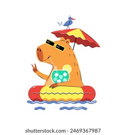 Capybara with a cocktail on a swimming ring.Summer holiday or vacation at sea.Vector stock illustration.