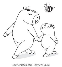 capybara coloring page, capybaras walking, happy child, mother and baby, walking hand in hand, bee, cute capybaras, coloring page for kids, sketch, color, coloring page, animals, america