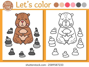 Capybara coloring page for children with cute animal meditating in rock garden. Vector capibara outline illustration. Color book for kids with colored example. Drawing skills printable worksheet
