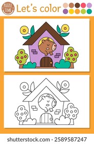 Capybara coloring page for children with cute animal in house with flowers. Vector capibara outline illustration. Color book for kids with colored example. Drawing skills printable worksheet
