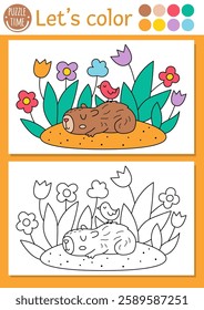 Capybara coloring page for children with cute animal sleeping in flower garden. Vector capibara outline illustration. Color book for kids with colored example. Drawing skills printable worksheet
