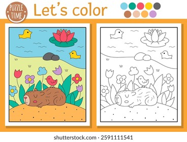 Capybara coloring page for children with cute scene, animal sleeping among flowers. Vector capibara outline illustration. Color book for kids with colored example. Drawing printable worksheet
