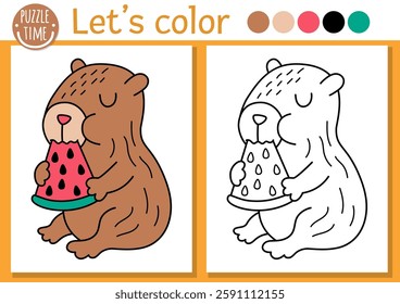 Capybara coloring page for children with cute animal eating watermelon. Vector capibara outline illustration. Color book for kids with colored example. Drawing skills printable worksheet
