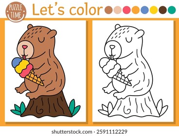 Capybara coloring page for children with cute animal eating ice-cream. Vector capibara outline illustration. Color book for kids with colored example. Drawing skills printable worksheet
