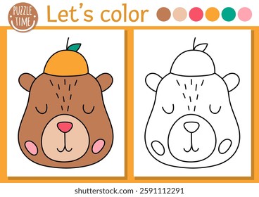 Capybara coloring page for children with cute animal head with tangerine hat. Vector capibara outline illustration. Color book for kids with colored example. Drawing skills printable worksheet
