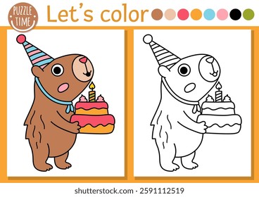 Capybara coloring page for children with cute animal with birthday hat, cake, candle. Vector capibara outline illustration. Color book for kid with colored example. Drawing skills printable worksheet
