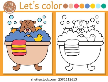 Capybara coloring page for children with cute animal taking bath with tangerine. Vector capibara outline illustration. Color book for kids with colored example. Drawing skills printable worksheet
