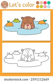 Capybara coloring page for children with cute animal swimming in pond. Vector capibara outline illustration. Color book for kids with colored example. Drawing skills printable worksheet
