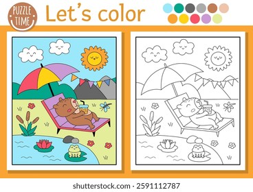 Capybara coloring page for children with cute scene, animal sunbathing under umbrella. Vector capibara outline illustration. Color book for kid with colored example. Drawing skills printable worksheet