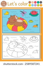 Capybara coloring page for children with scene, animal swimming floaty in pond. Vector capibara outline illustration. Book for kid with colored example. Drawing printable worksheet
