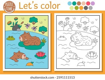 Capybara coloring page for children with scene, animal swimming on water lily pad in pond. Vector capibara outline illustration. Book for kid with colored example. Drawing printable worksheet
