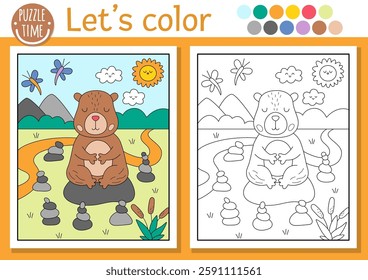 Capybara coloring page for children with scene, animal meditating in stone garden. Vector capibara outline illustration. Color book for kids with colored example. Drawing printable worksheet
