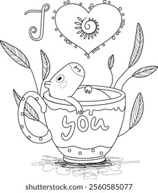 Capybara coloring page. Capybara in the tea cup coloring saint valentines day.