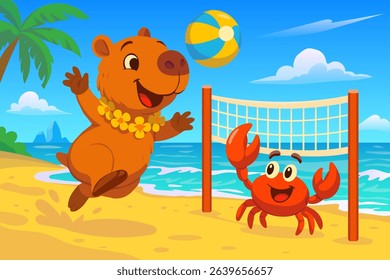 Capybara and Crab Playing Beach Volleyball – Cute Summer Cartoon Illustration