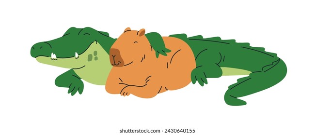 Capybara and crocodile, funny cute animal friends. Happy croc and capy, capibara couple, lying and relaxing together, hugging, embracing. Flat graphic vector illustration isolated on white background