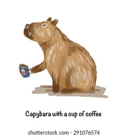 Capybara with a cup of coffee. Vector illustration.