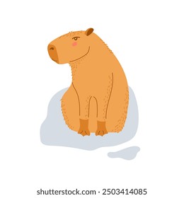 Capibara. El animal lindo está sentado en el área rocosa aislada en el fondo blanco. Adorable animal dulce encantador. Diseño para niños, impresión, guardería. Lindo personaje de dibujos animados. Hydrocherus hydrochaeris.