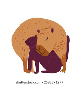 Capybara cute animal vector illustration with cat, hand drawn.