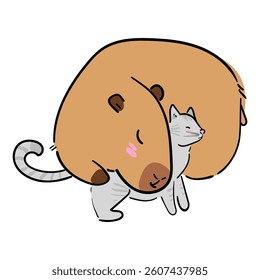 Capybara cute animal vector illustration with cat, hand drawn