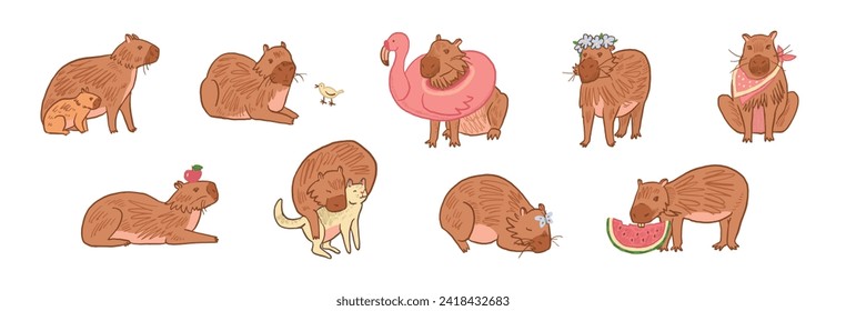 Juego de ilustraciones de vectores de animales lindos de Capibara.