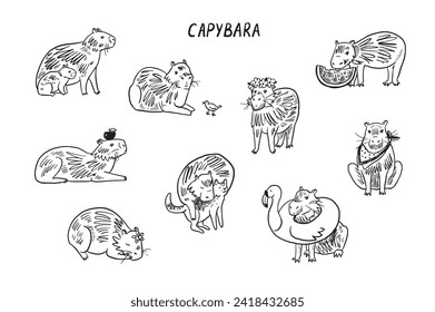 Juego de ilustraciones de vectores de animales lindos de Capibara.