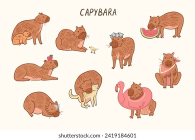 Juego de ilustraciones de vectores de animales lindos de Capibara.