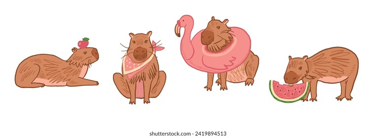 Juego de ilustraciones de vectores de animales lindos de Capibara.