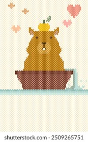 Capybara cute cartoon character on white background seamless pattern. Kawaii cross stitch texture elements embroidery design for fabric, sweater, knitting, knitwear, ornament, wallpaper, craft, print