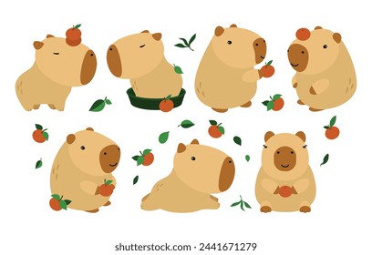 Capybara cute on a white background, vector illustration. Cutie funny capybara cartoon portrait, full face.Trendy animal. For printing on fabric, postcard, wrapping paper, kids party, baby shower,art