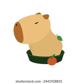 Capybara niedlich auf einem weißen Hintergrund, Vektor-Illustration. Nettes lustiges Capybara Cartoon Portrait, volles Gesicht. Trendy Tier. Zum Bedrucken auf Stoff, Postkarte, Wickelpapier, Kinderparty, Babydusche, Kunst