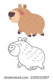 Capybara cute vector illustration cartoon isolated on white background. Capybara vector colored and colorless. Cute coloring page for kids. 