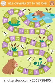 Capybara dice board game for children with nature background. Capibara boardgame with cute landscape.  Tabletop activity, printable worksheet for kids. Help animal get to the pond