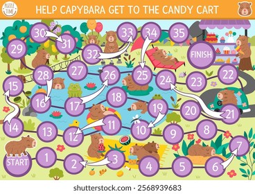 Capybara dice board game for children with nature background. Capibara boardgame with cute landscape.  Tabletop activity, printable worksheet for kids. Help animal get to candy cart