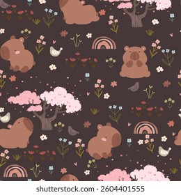 Capybara , different plants flowers, love trees, birds . Cartoon print on dark background, seamless pattern illustration for kids