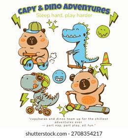 Capybara y Dinosaurio ilustración con eslogan. Diseño gráfico de Vector para camiseta.